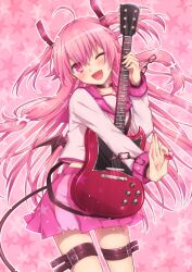  ;d angel_beats! bad_id bad_pixiv_id female guitar highres instrument long_hair natsu_natsuna oerba_yun_fang one_eye_closed open_mouth pink_background pink_eyes pink_hair pink_theme plectrum school_uniform serafuku shinda_sekai_sensen_uniform smile solo two_side_up yui_(angel_beats!) 