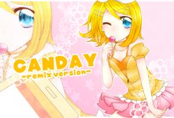  blonde_hair blue_eyes commentary_request female kagamine_rin one_eye_closed photoshop_(medium) skirt solo sorakase_sawa vocaloid zoom_layer 