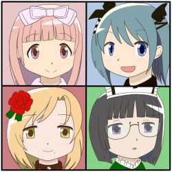  4girls akemi_homura black_hair blonde_hair blue_eyes blue_hair casper_(deathsmiles) casper_(deathsmiles)_(cosplay) commentary_request cosplay deathsmiles flower follett_(deathsmiles) follett_(deathsmiles)_(cosplay) glasses hair_flower hair_ornament hat kaname_madoka mahou_shoujo_madoka_magica mahou_shoujo_madoka_magica_(anime) miki_sayaka mole multiple_girls nagatsuki_yuu nurse_cap pink_eyes pink_hair portrait purple_eyes red_flower red_rose ribbon rosa_(deathsmiles) rosa_(deathsmiles)_(cosplay) rose semi-rimless_eyewear smile tomoe_mami windia windia_(cosplay) windia_(deathsmiles) yellow_eyes 