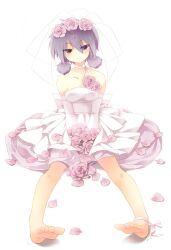  ahugni aisha_landar alternate_costume bare_legs barefoot bridal_veil choker circle_skirt commentary_request dress elsword feet female flower full_body gloves hair_flower hair_ornament highres low_twintails magician_(elsword) photoshop_(medium) pink_dress pink_flower pink_rose purple_eyes purple_hair rose short_hair sitting smile solo toes twintails veil wedding_dress white_background 