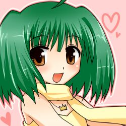  :d asahana_jun bad_id bad_pixiv_id bare_shoulders blush brown_eyes female green_hair heart jewelry looking_at_viewer lowres macross macross_frontier necklace open_mouth ranka_lee short_hair smile solo upper_body 