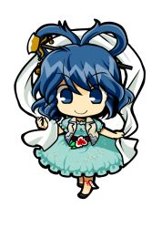  belt blue_dress blue_eyes blue_hair chibi commentary_request dress female flower full_body hair_ornament hair_rings hair_stick kaku_seiga shawl smile socha solo touhou transparent_background vest 