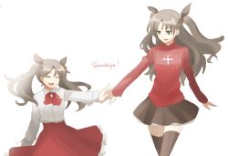  2girls ^_^ age_comparison aged_down black_thighhighs brown_hair closed_eyes commentary_request dinikee dual_persona fate/stay_night fate/zero fate_(series) green_eyes holding_hands lolicon long_hair multiple_girls pleated_skirt skirt thighhighs time_paradox tohsaka_rin turtleneck two_side_up 