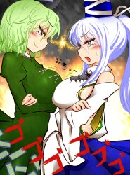  &gt;:) 2girls anger_vein bare_shoulders blush breast_contest breast_hold breast_press breasts commentary_request confrontation crossed_arms detached_sleeves dress eye_contact face-to-face fire green_dress green_hair grey_eyes grey_hair hat japanese_clothes large_breasts long_hair looking_at_another mononobe_no_futo multiple_girls no_bra open_mouth ponytail puffy_sleeves roki_(hirokix) shiny_skin sideboob sideways_mouth skirt smile soga_no_tojiko surcoat sweatdrop symmetrical_docking tate_eboshi touhou v-shaped_eyebrows wide_sleeves 