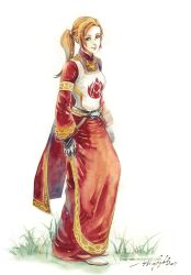  blue_eyes brown_hair cape claparo female gloves human_(warcraft) lips long_hair long_sleeves painting_(medium) photoshop_(medium) player_character_(wow) ponytail priest_(warcraft) signature solo traditional_media warcraft watercolor_(medium) watermark world_of_warcraft 