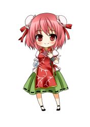  asahana_jun bandages blush bun_cover chibi commentary_request double_bun female hair_bun ibaraki_kasen red_eyes simple_background smile solo touhou 