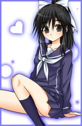  asahana_jun black_eyes black_hair blush bow commentary_request female hairbow heart love_plus photoshop_(medium) ponytail school_uniform serafuku sitting skirt solo takane_manaka 