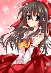  asahana_jun ascot bow brown_eyes brown_hair commentary_request detached_sleeves female hair_tubes hairbow hakurei_reimu long_hair looking_at_viewer partial_commentary red_bow smile solo touhou v_arms 