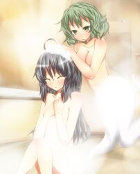  2girls ahoge bad_id bad_pixiv_id bathroom bathtub blush breasts censored closed_eyes collarbone convenient_censoring flat_chest ghost_tail green_eyes green_hair grey_hair long_hair medium_breasts mononobe_no_futo multiple_girls multiple_tails nonono_mino nude same-sex_bathing shared_bathing short_hair sitting small_breasts soap soap_bubbles soga_no_tojiko steam steam_censor tail touhou washing washing_hair 