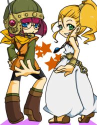  2girls bad_id bad_pixiv_id bare_shoulders bike_shorts blonde_hair blue_eyes blush boots chains choker chrono_trigger envious_(artist) glasses green_eyes grin hair_tie helmet jewelry looking_back lucca_ashtear marle_(chrono_trigger) multiple_girls necklace panty_&amp;_stocking_with_garterbelt parody ponytail purple_hair scarf shadow short_hair smile star_(symbol) starry_background style_parody wristband 