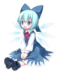  blue_bow blue_dress blue_eyes blue_hair blush bow cirno commentary_request dress female hairbow kiira oerba_yun_fang open_mouth photoshop_(medium) shirt short_hair sitting solo touhou v_arms wings 