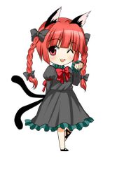  animal_ears arm_behind_back asahana_jun bad_id bad_pixiv_id bow braid cat_ears cat_tail chibi dress female jpeg_artifacts kaenbyou_rin multiple_tails one_eye_closed open_mouth paw_pose red_eyes red_hair simple_background solo tail touhou twin_braids 