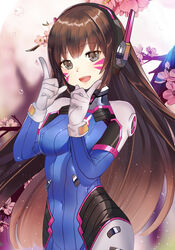  alilu-chan alternate_hair_length alternate_hairstyle animal_print armor bad_deviantart_id bad_id blue_bodysuit bodysuit boots bracer breasts brown_eyes brown_hair cherry_blossoms covered_navel covered_nipples cowboy_shot d.va_(overwatch) facepaint facial_mark female gloves hands_up headphones index_finger_raised legs_together lips long_hair looking_at_viewer medium_breasts open_mouth overwatch overwatch_1 pauldrons pilot_suit pink_lips pointing pointing_up rabbit_print ribbed_bodysuit shoulder_armor shoulder_pads skin_tight smile solo thigh_boots thighhighs tree turtleneck very_long_hair water_drop whisker_markings white_gloves 