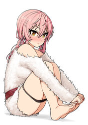  bad_id bad_pixiv_id bare_legs bare_shoulders barefoot black_panties blush closed_mouth dorsiflexion dress earrings embarrassed eyelashes feet female full_body fur_sweater hair_between_eyes highres holding_own_foot hoop_earrings idolmaster idolmaster_cinderella_girls jewelry jougasaki_mika knees_up long_hair long_sleeves looking_at_viewer low_twintails nose_blush off-shoulder_sweater off_shoulder omaru_gyuunyuu panties panty_pull pink_hair simple_background solo sweater sweater_dress tsurime twintails underwear white_background white_sweater yellow_eyes 