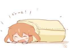  blanket blush_stickers brown_hair chibi closed_eyes commentary_request female hair_ornament hairclip hanomido ikazuchi_(kancolle) kantai_collection oerba_yun_fang open_mouth outstretched_arms rolled_up setsubun solo translated 