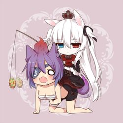  2girls alice_claudia all_fours animal_ears bad_id bad_pixiv_id bait bandages bow chibi commentary_request crown dog_ears dog_tail drooling eyepatch fishing_rod hair_ribbon hairbow hamster_ears hamster_girl heterochromia holding jitome long_hair mini_crown multiple_girls navel open_mouth original purple_hair ribbon riding sarashi short_hair tail tail_wagging tsukikage_nemu two_side_up white_hair 