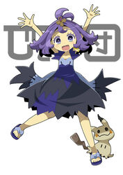  acerola_(pokemon) armlet arms_up commentary_request dress female hair_ornament half_updo mimikyu multicolored_clothes multicolored_dress open_mouth photoshop_(medium) pokemon pokemon_(creature) pokemon_sm purple_eyes purple_hair sandals short_hair soboro_(jitome_dan) stitches 