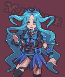  alternate_costume black_thighhighs blue_choker blue_eyes blue_hair brooch choker commentary_request contrapposto cure_marine dark_persona female heart heart_brooch heartcatch_precure! jewelry kuroshin kurumi_erika leotard long_hair looking_at_viewer magical_girl precure red_background simple_background solo standing text_focus thighhighs unofficial_precure_costume zettai_ryouiki 