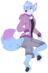  2015 ailuranthropy anthro arctic_fox blue_body blue_fur bottomwear canid canine clothed clothing collar fox fur goji_(flitchee) grin hoodie male mammal shorts smile solo topwear true_fox 