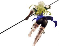  armor ass blonde_hair boots braid commentary female gloves greaves long_hair photoshop_(medium) polearm ravness_loxaerion simple_background sirius_(pixiv328331) solo tactics_ogre thigh_boots thighhighs twin_braids weapon white_background 