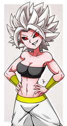  1girls android_21 android_21_(cosplay) android_21_(evil) black_sclera breasts caulifla dbuu11mc dragon_ball dragon_ball_super female female_focus female_majin female_only female_saiyan female_solo grin humanoid long_hair majin navel pants pink_skin red_eyes saiyan smile solo spiky_hair tubetop white_hair 