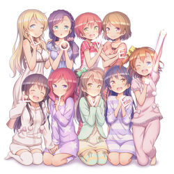  6+girls :d ;) ;d ^_^ alternate_hairstyle ayase_eli barefoot blonde_hair blush closed_eyes colored_stripes commentary_request copyright_name hair_down highres hoshizora_rin koizumi_hanayo kosaka_honoka kuinji_51go letter_pose long_hair looking_at_viewer love_live! love_live!_school_idol_project minami_kotori multiple_girls nishikino_maki one_eye_closed open_mouth pajamas pale_color pantyhose pastel_colors pom_pom_(clothes) single_letter smile sonoda_umi star_(symbol) star_print striped_clothes striped_pantyhose thighhighs tojo_nozomi yazawa_nico 