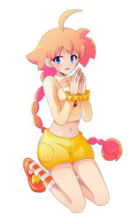  ahiru_(princess_tutu) ahoge bad_id bad_pixiv_id blue_eyes braid crop_top eloosia female freckles full_body jewelry kneeling long_hair midriff navel necklace orange_hair orange_socks princess_tutu shoes shorts simple_background single_braid smile socks solo striped_clothes striped_socks yellow_shorts 