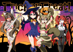  4girls animal_ears ann_blyth bandages black_eyes black_hair blue_eyes blush brown_eyes brown_hair cape commentary_request glasses halloween hat highres jack-o&#039;-lantern kagami_ryouko kanayama_nao long_hair multiple_girls navel open_mouth original sasashigure_miyo short_hair tail trick_or_treat wavy_mouth witch_hat wolf_ears wolf_tail yoshida_hideyuki 