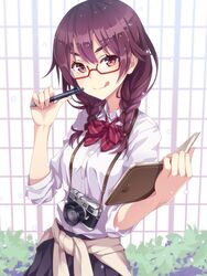  :p bow bowtie braid brown_eyes clothes_around_waist commentary_request female glasses long_hair mechanical_pencil notebook pencil pleated_skirt purple_hair semi-rimless_eyewear skirt smile solo sweater sweater_around_waist tokumaru tongue tongue_out twin_braids 