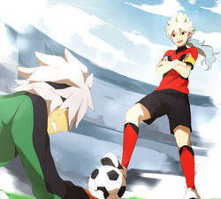  2boys armband bad_id bad_pixiv_id ball blue_hair clenched_teeth commentary_request crossed_arms earth_eleven gloves goalkeeper hakuryuu_(inazuma_eleven) headband ibuki_munemasa inazuma_eleven_(series) inazuma_eleven_go inazuma_eleven_go_galaxy long_hair male_focus multicolored_hair multiple_boys ponytail red_eyes resistance_japan sekina soccer_ball soccer_uniform sportswear teeth telstar two-tone_hair white_hair 