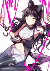  bad_id bad_twitter_id binding black_hair blake_belladonna bow commentary_request ecru female hairbow korean_commentary navel ribbon rwby solo yellow_eyes 