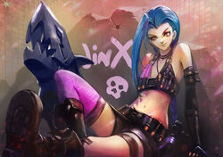  blue_hair boots braid female gloves jinx_(league_of_legends) kaze_no_gyouja league_of_legends pink_eyes shorts tattoo 