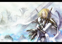  2010 armor blonde_hair bodysuit cape claymore_(series) closed_eyes commentary cowboy_shot english_commentary faulds female gloves hugging_object letterboxed maxa&#039; miria_(claymore) over_shoulder photoshop_(medium) pillar ruins shoulder_pads solo sword sword_over_shoulder vambraces weapon weapon_over_shoulder white_theme 