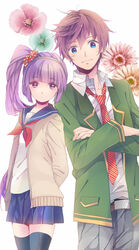  1boy asbel_lhant asbel_lhant_(schoolyard_hipster) belt blazer brown_hair commentary_request crossed_arms female flower green_shirt hairband jacket long_hair official_alternate_costume purple_eyes purple_hair ribbon s-kura school_uniform shirt short_hair side-by-side side_ponytail skirt smile sophie_(middle-school_mascot)_(tales) sophie_(tales) tales_of_(series) tales_of_graces thighhighs zettai_ryouiki 