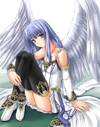  angel blue_hair bow falcom feena feena_(ys) freya freya_(ys) goddess long_hair miyai_max purple_hair reah reah_(ys) scenery thighhighs very_long_hair wings ys ys_origin 