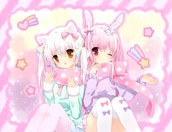  2girls ;) animal_ears bad_id bad_pixiv_id bow cat_ears hair_ornament hair_ribbon hairbow hairclip kamichi_miyaki long_hair looking_at_viewer multiple_girls one_eye_closed original parted_lips pink_eyes pink_hair polka_dot polka_dot_scarf rabbit_ears ribbon scarf shared_clothes shared_scarf sitting smile thighhighs twintails white_hair white_legwear yellow_eyes 