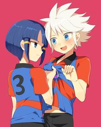  1boy bad_id bad_pixiv_id blue_eyes blue_hair blush clothes_pull female heat_(inazuma_eleven) inazuma_eleven inazuma_eleven_(series) kurakake_clara rezigigasunoyume shirt_pull short_hair smile white_hair 