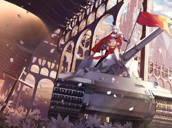  bra breasts building cape caterpillar_tracks commentary_request dutch_angle female flag flower from_below gauntlets hair_ornament large_breasts legs long_hair long_legs lowe_(tank) military military_vehicle motor_vehicle on_vehicle original outdoors paku petals photoshop_(medium) red_eyes solo sunlight sunset tank thighs underwear white_hair 