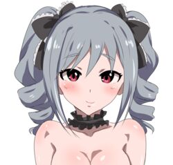  bare_shoulders breasts choker cleavage commentary_request drill_hair female grey_hair idolmaster idolmaster_cinderella_girls kanzaki_ranko medium_breasts red_eyes senshiya solo twin_drills twintails 