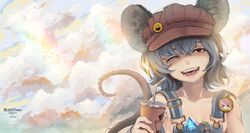  alternate_costume animal_ears artist_name blizzomos brown_hat cloud commentary_request cup drinking_straw female grey_hair hat head_tilt highres looking_at_viewer md5_mismatch mouse_ears mouse_tail mug naked_overalls nazrin one_eye_closed open_mouth overalls red_eyes smile solo suspenders tail teeth touhou upper_body 