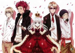  4boys absurdres albino crown dress earrings female hand_in_pocket hat headphones headphones_around_neck highres holding_hands jewelry k-project kusanagi_izumo kushina_anna multiple_boys necklace pants photoshop_(medium) red_eyes red_hair smile sunglasses suoh_mikoto totsuka_tatara white_hair yata_misaki 