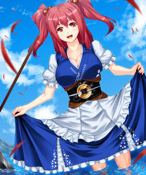  apron belt blue_sky blurry breasts cleavage cloud coin collarbone commentary_request day depth_of_field dutch_angle female fingernails fumizuki_homura hair_bobbles hair_ornament large_breasts looking_at_viewer nail_polish onozuka_komachi open_mouth petals photoshop_(medium) puffy_short_sleeves puffy_sleeves red_eyes red_hair scythe short_hair short_sleeves skirt skirt_hold sky solo standing touhou two_side_up vest wading waist_apron water 