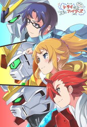  2boys blue_eyes blue_hair brown_hair build_burning_gundam commentary dougi female glasses gundam gundam_build_fighters gundam_build_fighters_try highres hoshino_fumina jacket kamiki_sekai karate_gi kousaka_yuuma lightning_gundam multiple_boys ponytail purple_eyes red_eyes red_hair scrunchie track_jacket twin_(tt_lsh) winning_gundam 