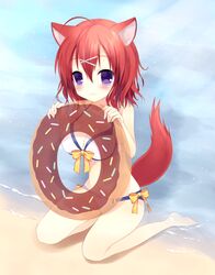  :3 absurdres ahoge amairo_islenauts animal_ears bad_id bad_pixiv_id barefoot beach bikini breasts cleavage doughnut_innertube female hair_ornament hairclip highres holding innertube kamichi_miyaki large_breasts looking_at_viewer masaki_gaillard navel purple_eyes red_hair short_hair sitting solo sprinkles swim_ring swimsuit tail wolf_ears wolf_tail x_hair_ornament 