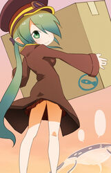  blank_speech_bubble box coat commentary_request female from_behind green_eyes green_hair hair_over_one_eye hat highres holding keifuku-san keifuku_(tatsuki) long_hair long_sleeves looking_at_viewer looking_back manta_ray peaked_cap photoshop_(medium) pleated_skirt pointy_footwear ponytail red_skirt sat-c shoes skirt smile solo speech_bubble very_long_hair 