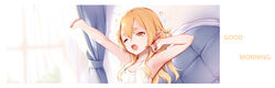  blonde_hair breasts cleavage commentary_request day english_text female indoors kyuri_tizu long_hair medium_breasts oerba_yun_fang one_eye_closed open_mouth original pointy_ears solo stretching syrene_(kyuri_tizu) upper_body window yellow_eyes 