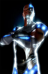  1boy bald belt black_background brown_eyes crossed_arms cyborg cyborg_(dc) dark_skin dc_comics glowing glowing_eyes heterochromia looking_at_viewer male male_focus neon_trim one-eyed realistic red_eyes simple_background solo teen_titans victor_stone 