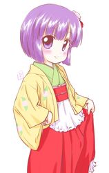  blush commentary_request female flower hair_flower hair_ornament hakama hakama_skirt hieda_no_akyuu japanese_clothes kimono obi purple_eyes purple_hair red_hakama sash short_hair skirt smile solo touhou uho_(uhoyoshi-o) 