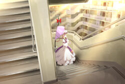  apartment backlighting blonde_hair bow commentary_request day dress female gap_(touhou) hair_up hairbow hat hat_ribbon highres holding holding_umbrella juliet_sleeves light_rays long_sleeves looking_at_viewer looking_to_the_side mukai outdoors parasol puffy_sleeves purple_eyes railing red_ribbon ribbon scenery short_hair_with_long_locks sidelocks solo stairs standing sunbeam sunlight tabard touhou tsurime umbrella white_dress white_hat wide_shot yakumo_yukari 