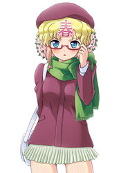  :o adjusting_eyewear bag blonde_hair blue_eyes blush coat commentary_request female glasses haru-chan hat mameshiba_(pixiv_59310) nhk_(broadcaster) photoshop_(medium) scarf skirt solo 